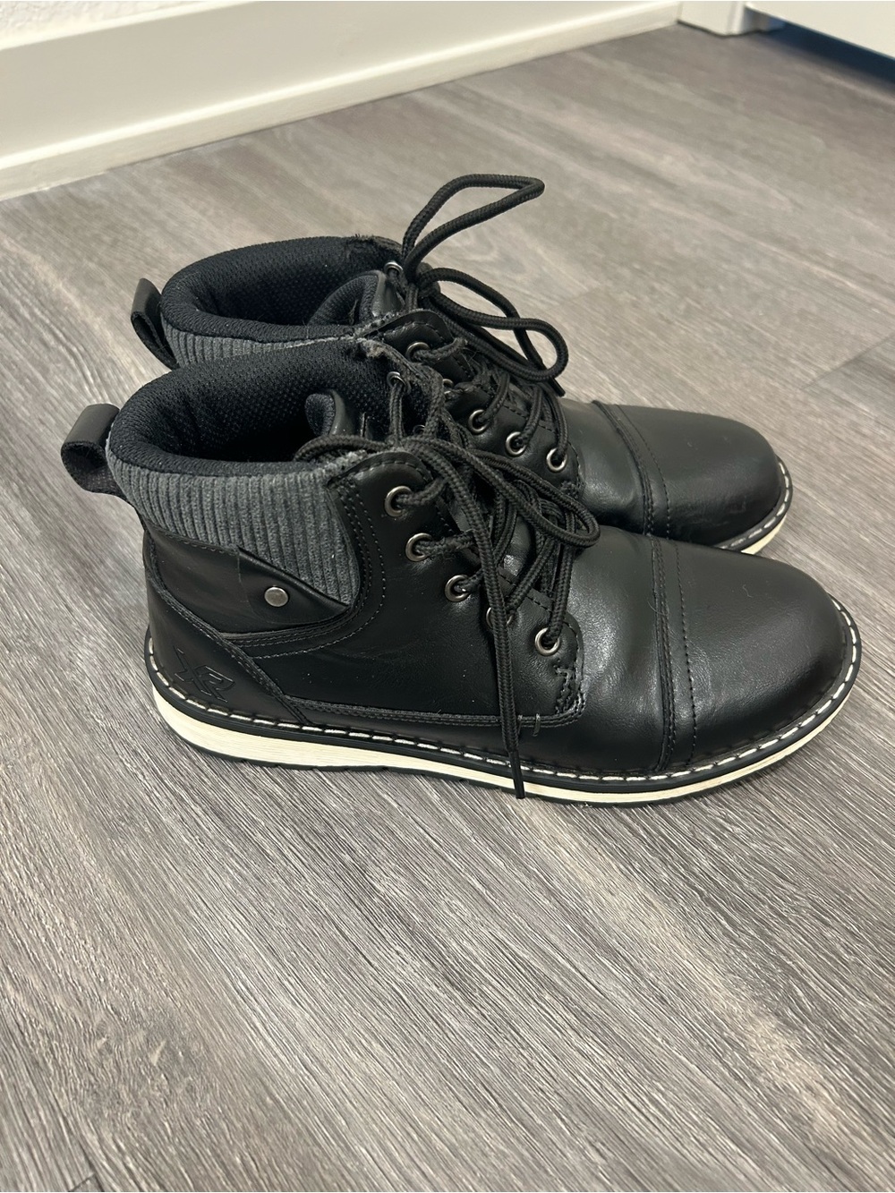 Black Lace-Up Ankle Boots with Gray Collar